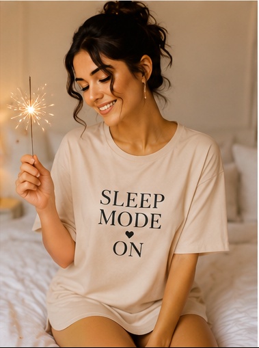 Women’s Beige “Sleep Mode On” Printed Oversized Sleep T-Shirt